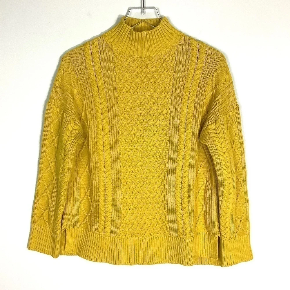 J. Crew Sweater S Chunky Cable Knit Mock Neck Mustard‎  Golden Chartreuse S